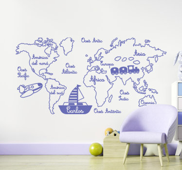 Vinilo mapamundi infantil con nombre personalizable con texto en catalán. Ayudará a su hijo a aprender nuevos lugares ¡Envío a domicilio!