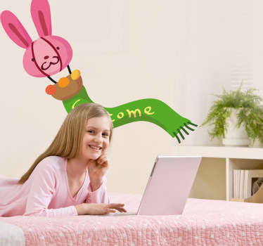 A creative kids decal illustrating a bunny with a scarf welcoming everyone! Brilliant design from our collection of rabbit wall stickers.