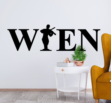Musik Wall Art Sticker der wiener stadt musik erstellt mit text und einer wandkunst einer person, die ein instrument spielt. Sie können das design in jeder farbe haben.