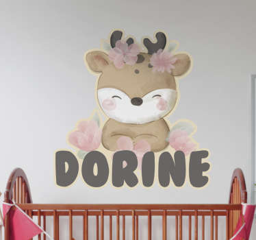 Vinilo infantil de ciervo con flores y nombre - TenVinilo