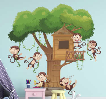 Wandtattoo Kinderzimmer Baum Affen im Baumhaus - TenStickers