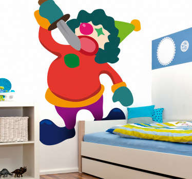 A kids wall sticker illustrating a colourful clown performing the sword act in which he attempts to swallow this sword with no problems.