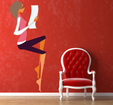Um excelente autocolante decorativo de moda ilustrando uma jovem lendo um documento. Grande design para decorar sua loja!