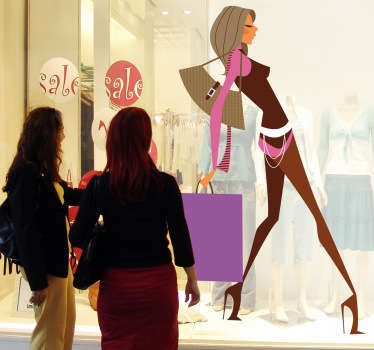 Um autocolante de moda de uma senhora glamourosa nas compras. Um produto fantástico para sua casa ou para decorar a montra da sua loja.