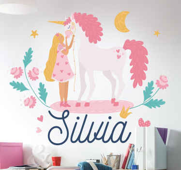 Vinilo infantil de unicornios con niña y nombre - TenVinilo