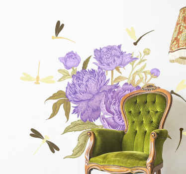 Vinilo flores peonías lilas y libélulas - TenVinilo