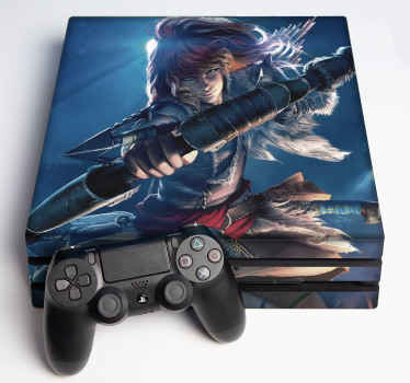 Realistic decorative video game ps4 decal of horizon with the original image of a female fighter shooting an arrow. It is original and self adhesive.