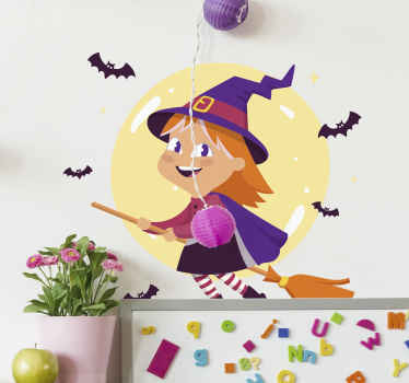 Wandtattoo Halloween Hexe auf besen und fledermäusen - TenStickers