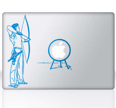 Adhesivo de un lanzador profesional con arco apuntando a una diana que ocuparía el logotipo de tu portátil. Diseño pensado especialmente para dispositivos apple.*En función del tamaño del dispositivo las proporciones y el diseño del vinilo pueden variar ligeramente.