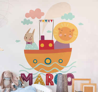 Vinilo infantil animales en barco con nombre - TenVinilo