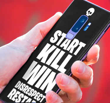 autocolante decorativo de texto fortnite para telefone. O design é inscrito com o texto '' start kill win '' com uma cauda que diz '' desrespeitar reiniciar ''.