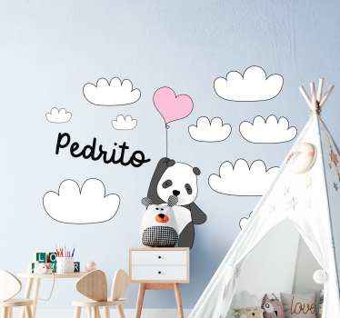Autocolante para quarto de bebé Panda voador com nuvens e nome - TenStickers