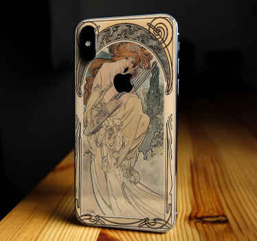 un vinilo para iphone de diseño artístico original de una niña con un arpa. Un diseño asombroso para envolver la superficie posterior de un iphone.