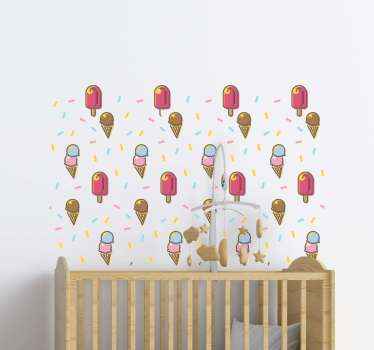 vinil autocolante decorativo de confete de sorvete para decorar uma cozinha ou sala. Seu design é composto por sorvete e sorvete de casquinha com fitas em cores lindas.