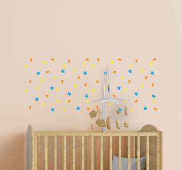 Você pode decorar o quarto ou o quarto do seu filho com este autocolante de confete colorido com círculos de estrelas e serpentinas.