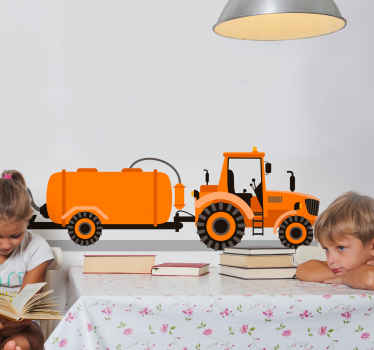 Vinilo infantil tractor naranja con remolque - TenVinilo