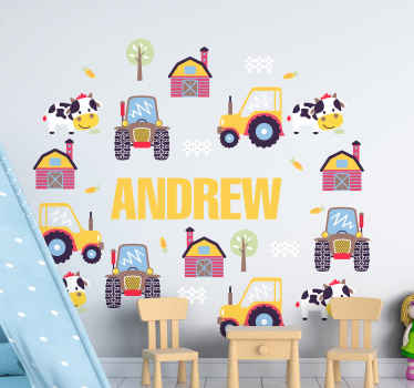 Sticker Jouet Nom entouré de tracteurs - TenStickers