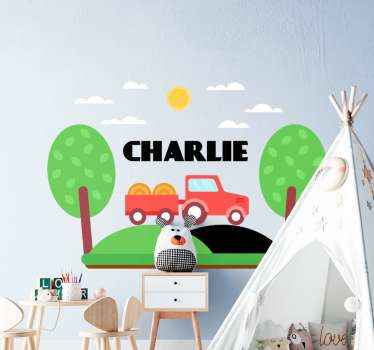 Traktor med sol och träd anpassad leksaksklistermärke - Tenstickers