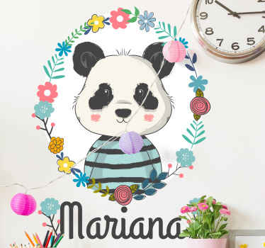 Vinilo con nombre oso panda rodeado de flores - TenVinilo