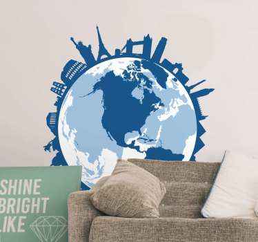 Famous skyline America world map wall sticker - TenStickers