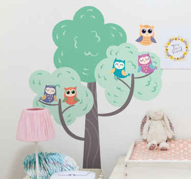 Colorful tree with owls illustration sticker - TenStickers