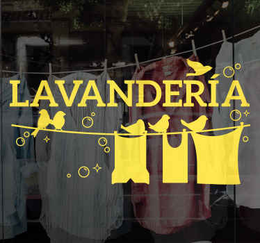 Vinilo escaparate Lavandería con burbujas y pájaro - TenVinilo