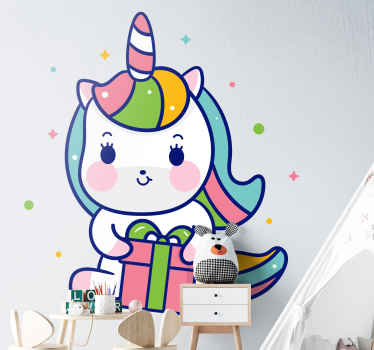 Happy unicorn opening gift fairy tale sticker - TenStickers