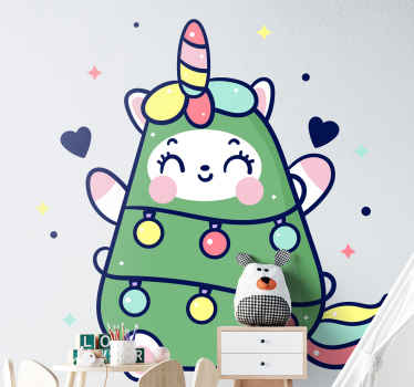 Happy cute unicorn christmas tree sticker - TenStickers