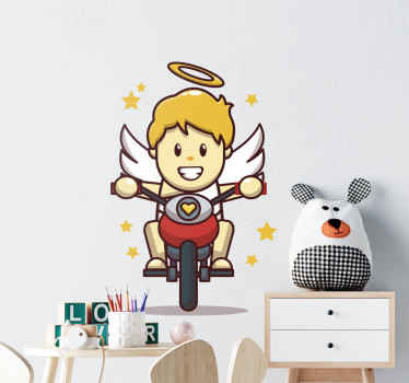 Little angel on cycle with stars text sticker - TenStickers