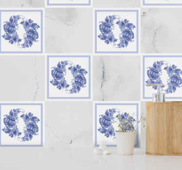 White and blue floral bathroom tile sticker - TenStickers