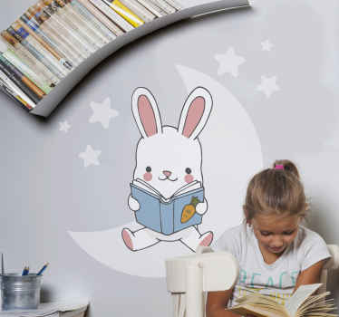 Rabbit reading on moon illustration decal - TenStickers