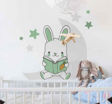 Vinilo ilustración Conejo leyendo en la luna colores verdes - TenVinilo