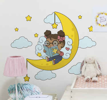 Girl reading on moon illustration decal - TenStickers