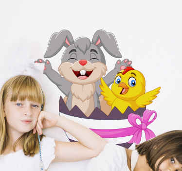 Easter bunny and chicken inside egg decal - TenStickers