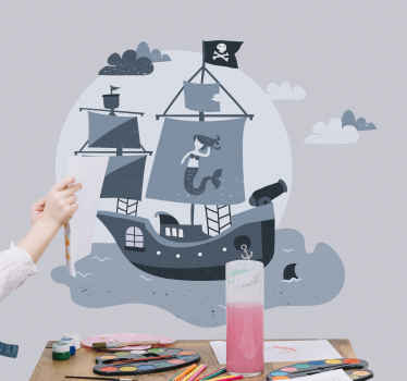 Wandtattoo Zeichnung Piratenschiff segelt zum mond - TenStickers