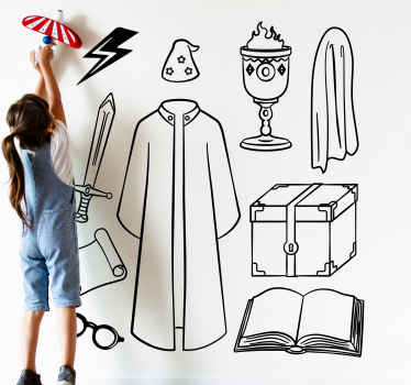 Desenho de ilustração de vinil autocolante decorativo do filme de hollywood que descreve itens mágicos de harry porter. Ele projeta itens como robe, livro mágico, harry porter, etc.