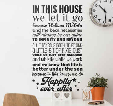 vinil autocolante decorativo de filme de citação de texto da disney para personalizar o espaço da sua casa. O produtocontém um texto longo que fala sobre deixar ir e viver feliz em família.