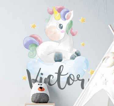 Vinilo personalizable Unicornio acuarela nubes - TenVinilo