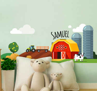 Green tractor on hill with name toy decal - TenStickers