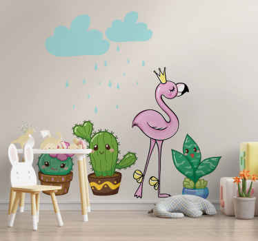 Vinilo planta Cactus para niños con flamingo - TenVinilo