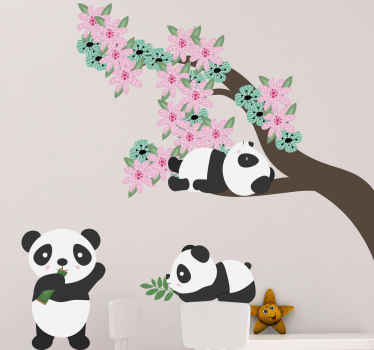 Autocolantes com animais selvagens árvore com flores e pandas - TenStickers