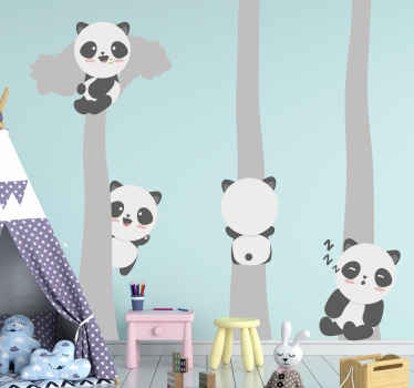 Pandas playing on gray tree wild animal decal - TenStickers