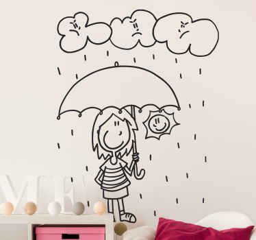 En vægdekoration med et sjovt design, af en kvinde som er beskyttet mod regnen under en paraply.

En glad og positiv sticker!