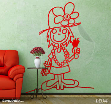 Fun sticker of a girl dressed up as an older woman with flowery hat and pearls. An original illustration by artist DEIA for tenstickers.co.uk.