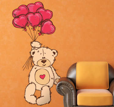 Sticker ours en peluche suspendu ballons cœurs - TenStickers