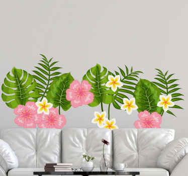 Vinilo planta Hojas tropicales con flores - TenVinilo