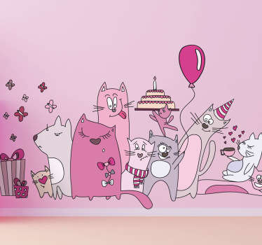 Kids Cat Pink Cat Party Wall Sticker - TenStickers