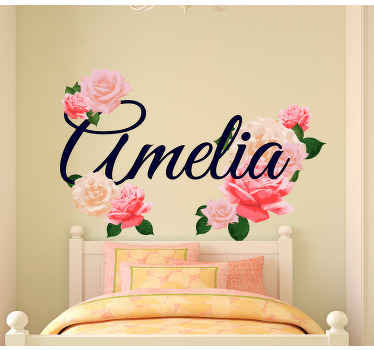 Pink roses with name flower wall sticker - TenStickers