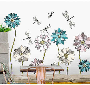 Vážky létající kolem květiny samolepka na zeď - TenStickers
