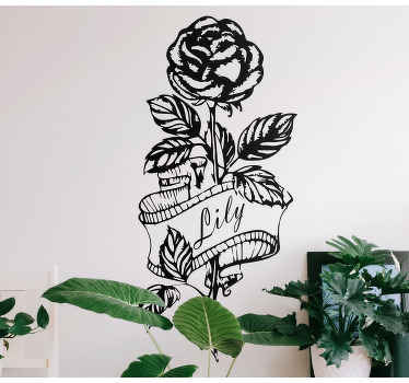 Vinilo flores Dibujo de rosa con cinta - TenVinilo